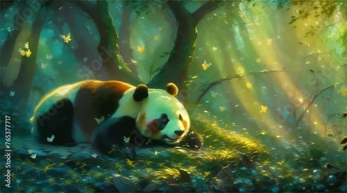 A peaceful panda sleeps among glowing butterflies in a mystical forest with sunbeams filtering through the foliage.