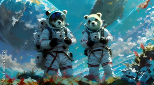 Panda astronauts exploring a new planet in the solar system