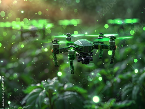 Equipped with cameras and sensors, an autonomous drone navigates through a high-tech greenhouse, meticulously monitoring plant health with precision and efficiency.