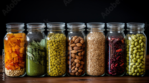 Glass jars store for dry food on shelf in kitchen, photo shot