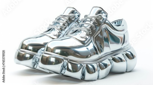 pair of futuristic silver metallic platform shoes, with chunky soles and avant-garde design elements, making a bold statement against a minimalist white background.