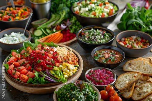 A Vibrant Feast of Healthy Food: Colorful Salads, Fresh Fruit Platters, and Hearty Vegetable Soups