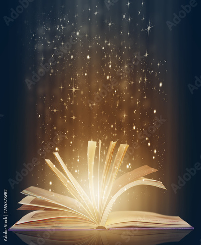 Schilderij op canvas Book, fairytale and pages for read and story with lights, glowing and sparkle on mockup