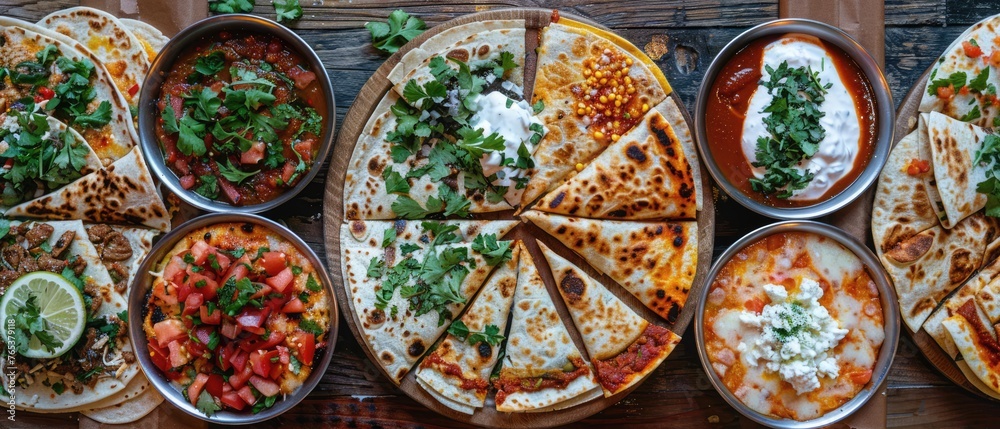 Colorful Array of Mexican Quesadillas with Fresh Garnishes on Wooden Platter - Delicious and Tasty Homemade Appetizer for Fiesta Celebration Colorful Array of Mexican Quesadillas with Fresh Garnishes on Wooden Platter - Delicious and Tasty Homemade Appetizer for Fiesta Celebration
