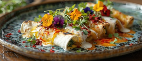 Whimsical Mexican Enchiladas: Gourmet Culinary Art with Edible Flowers, Microgreens, and Colorful Chili Oil