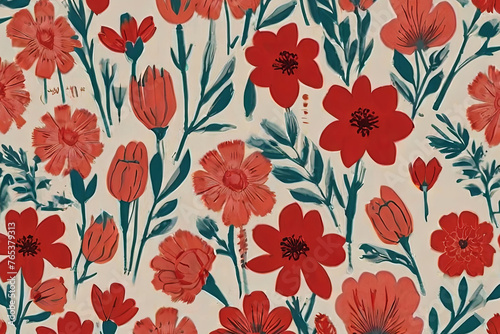 Vibrant red floral print in Risograph style. Abstract and artistic design. Perfect for adding flair to any project © Amila Vector