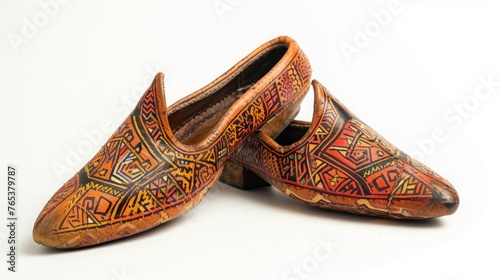 pair of traditional Moroccan babouche slippers, with intricately patterned leather and pointed toes, representing cultural heritage against a pristine white backdrop. 