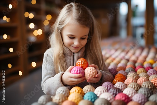 Cute little girl playing with tactile knobby balls. Little girl's hand plays a sensory massage ball