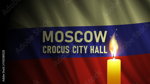 Vector dark wavy flag of Russian Federation. Moscow. Crocus city hall. A brightly burning candle. Mourning and sorrow. Banner of suffering.