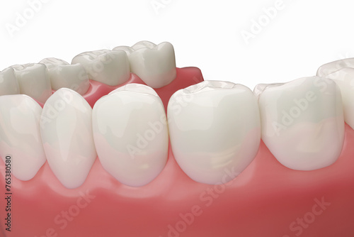 Close up lower teeth with healthy pink gums isolated white background. 3D illustration