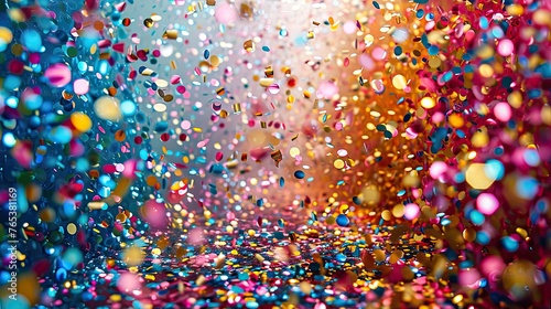 glittering colourful confetti falling down party background concept for holiday celebration new year s eve or jubilee  photo