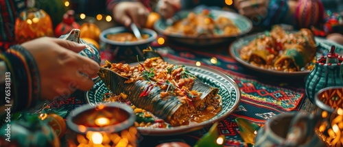 Authentic Mexican Cuisine: Vibrant Group Enjoying Chiles en Nogada at Festive Gathering on Mexican Independence Day, Capturing Candid Joyful Moment of Traditional Dish eating.