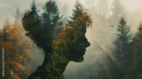 Double exposure of a forest landscape and a silhouette of a person's profile. photo