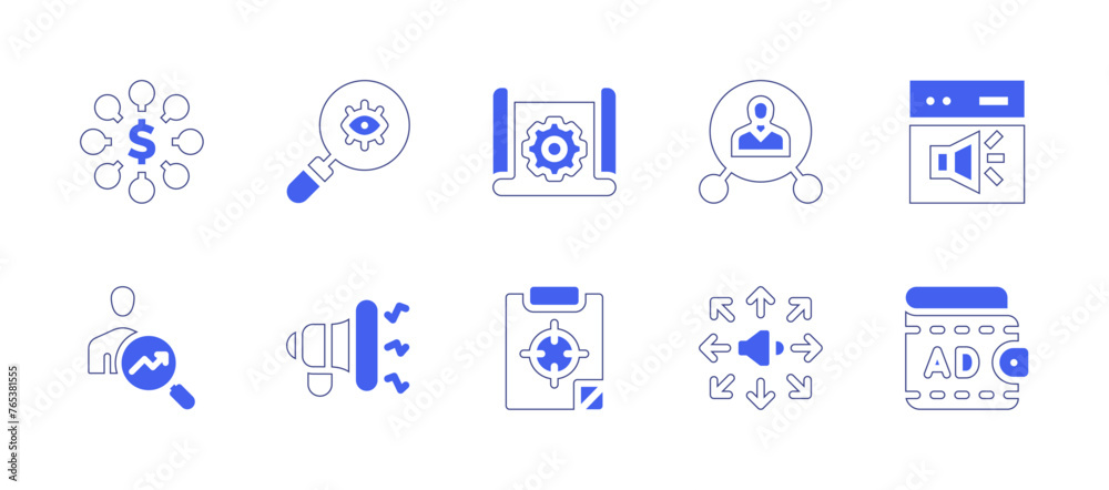 Marketing icon set. Duotone style line stroke and bold. Vector illustration. Containing affiliate marketing, marketing, audience, promotion, advertising, scheme, monitoring, target, protest.