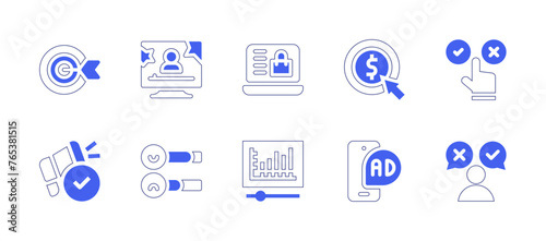 Marketing icon set. Duotone style line stroke and bold. Vector illustration. Containing pay per click, target, mobile marketing, digital marketing, choice, feedback, shopping, blogger, video.