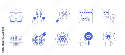 Marketing icon set. Duotone style line stroke and bold. Vector illustration. Containing digital marketing, affiliate marketing, marketing, word of mouth, search, attraction, idea, innovation, board.