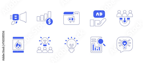 Marketing icon set. Duotone style line stroke and bold. Vector illustration. Containing online marketing, paid, idea, brainstorming, advertising, megaphone, insights, trendy, acquisition, consulting.