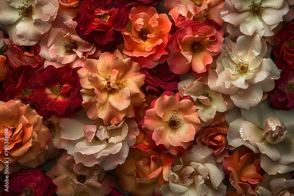 Vibrant Blooming JQ Roses: An Enchanting Display of Colors, Shadows, and Shimmering Dew Drops