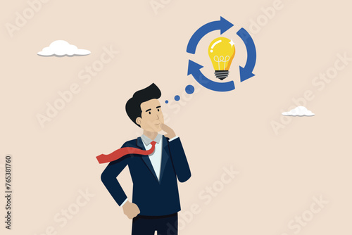 Rethink or think again to make change for better result, thinking new way to solve problem, smart businessman rethink with lightbulb idea.