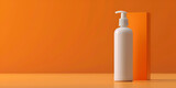 White unbranded plastic dispenser pump bottle on orange background with copy space for text