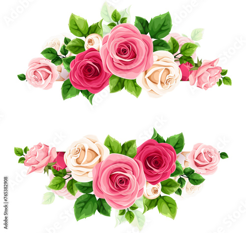 Banner with red, pink, and white rose flowers and green leaves. Vector floral banner