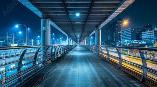 empty pathway on the overpass bridge under the sky train railway track at night photo