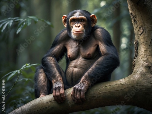 Close-up of a chimpanze sitting in a branch tree in the blurred background of a green forest photo