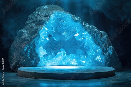 Glowing Geode: The podium resembles a giant geode, its crystalized interior illuminated from within, casting an ethereal blue light on the stage.  photo