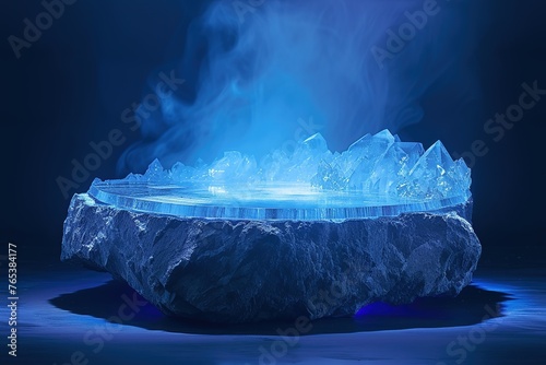 Glowing Geode: The podium resembles a giant geode, its crystalized interior illuminated from within, casting an ethereal blue light on the stage.  photo