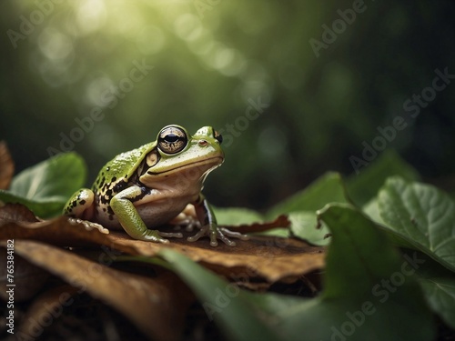 Close up of a green frog sitting on the leaves in the background of green forest