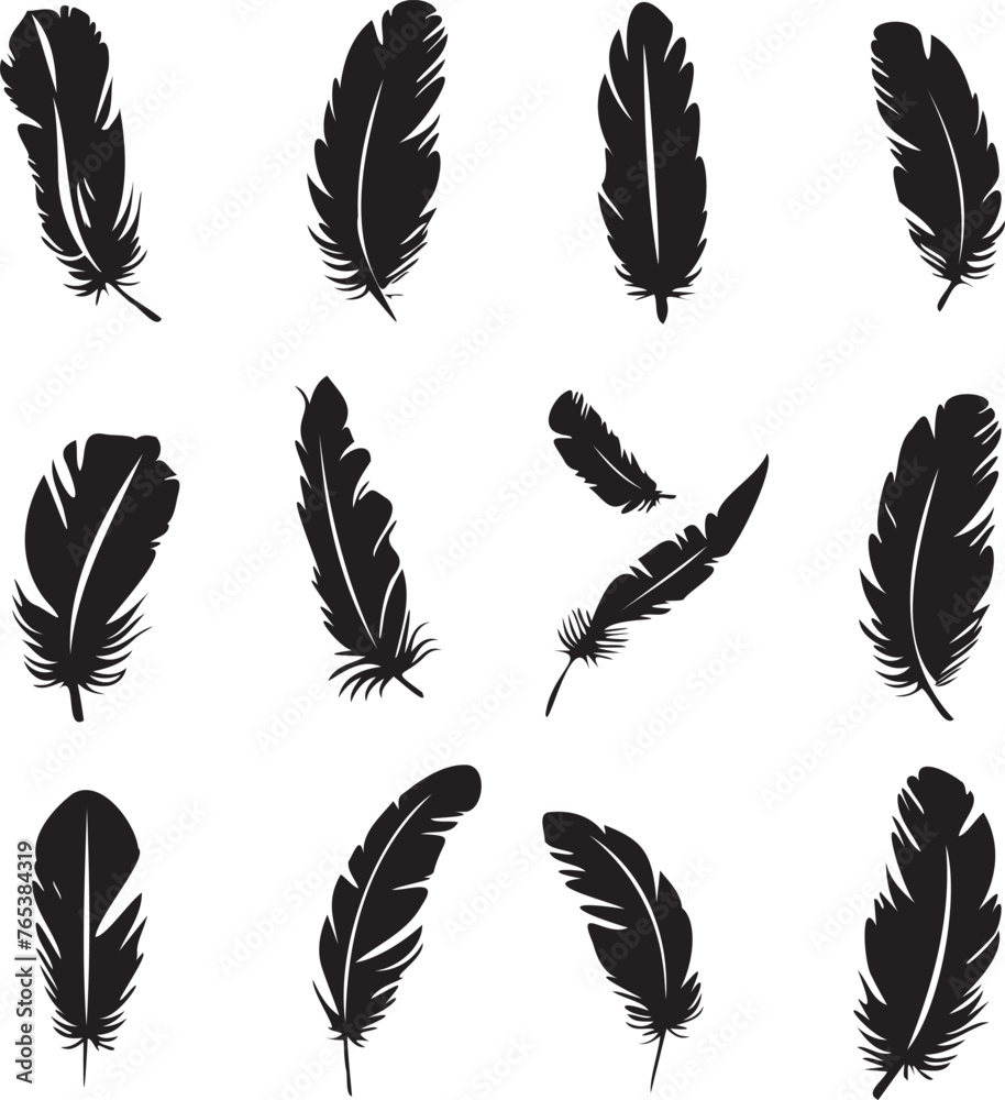 Set of black silhouettes feather icons Set of black silhouettes feather icons