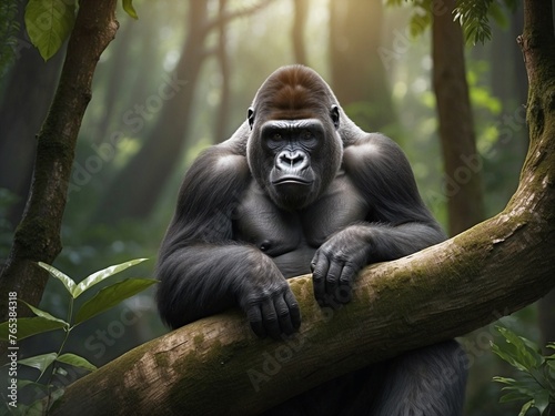Close-up of a gorilla sitting in a branch tree in the blurred background of a green forest photo