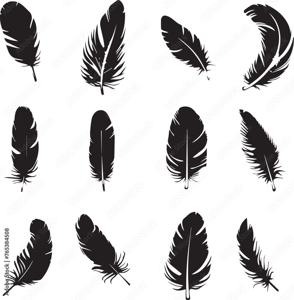 Set of black silhouettes feather icons Set of black silhouettes feather icons