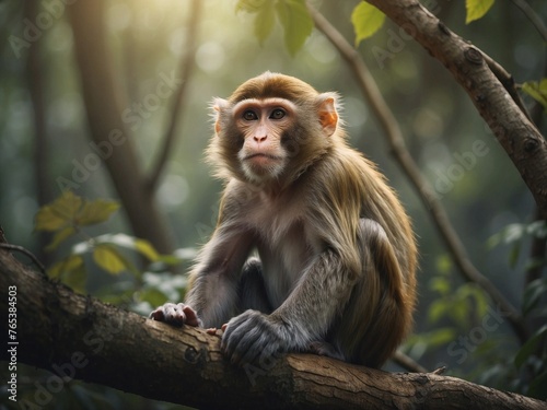 Close-up of a monkey sitting in a branch tree in the blurred background of a green forest