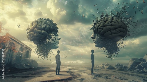 left- and right - brain reality, two brain looking at each other, yoga, neuroscience, 16:9 photo
