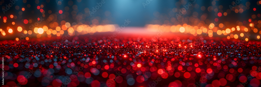 Red Carpet with Lights in the Spotlight ,
Podium illuminated by red spotlights. empty platform or stage with beams of lamps and spots of light on floor. realistic interior of dark hall or corridor  - obrazy, fototapety, plakaty 