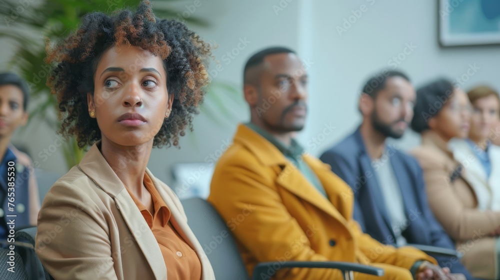A group of diverse candidates sitting in a waiting room, awaiting their turn for job interviews. A group of diverse candidates sitting in a waiting room, awaiting their turn for job interviews.