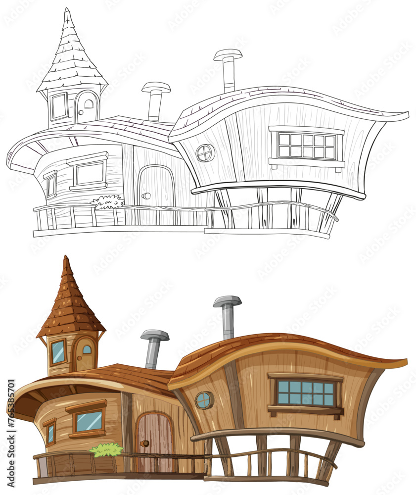 Fototapeta premium Colorful and outlined whimsical treehouse drawings.