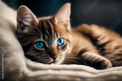 A cat cub with striking blue eyes, lounging on a plush velvet cushion, kitten, kitty, young cat, catling, catlet, feline cub, cat baby, small cat, chaton, gatito, gatinho, gattino, image photo