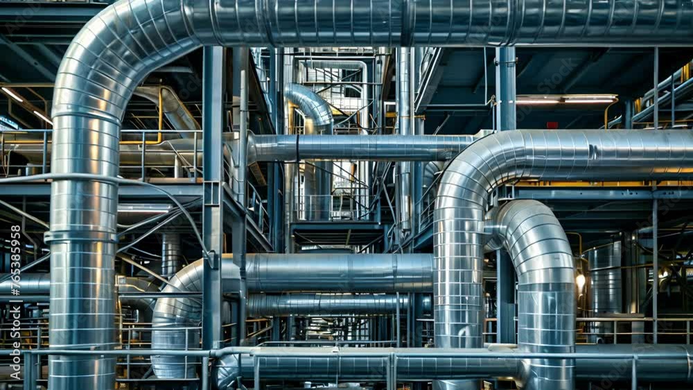 A maze of metal pipes and vents crisscrossing in all directions carrying gases and chemicals throughout the plant. A maze of metal pipes and vents crisscrossing in all directions carrying gases and chemicals throughout the plant.