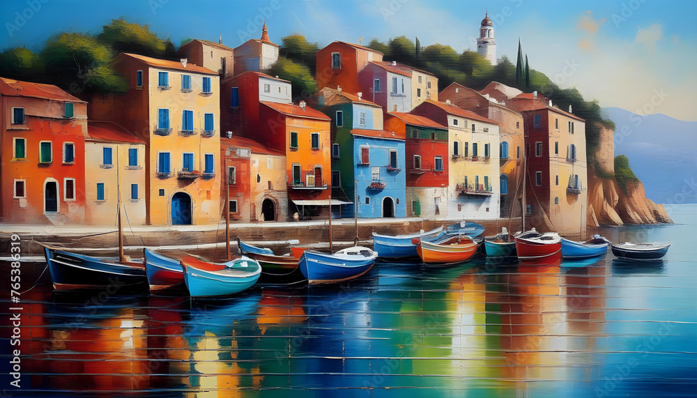 An oil painting of boats on a calm sea with vibrant colors