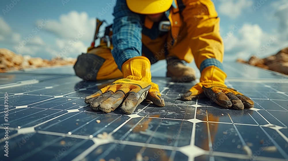 Man in workwear helmet working on solar panel on asphalt ground under cloudy sky Man in workwear helmet working on solar panel on asphalt ground under cloudy sky