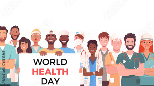 World health day banner  professional doctors and nurses cartoon characters on white background.