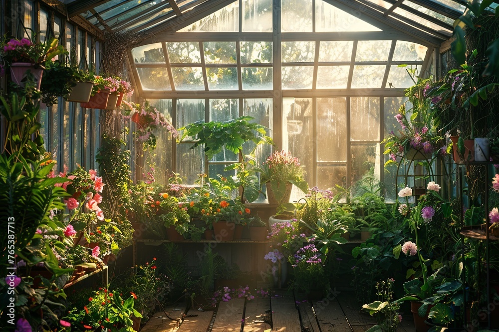 Green fairy tale botanical garden fantasy greenhouse design, lovely greenhouse with flowers