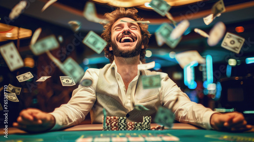 Celebrating Jackpot, Joyful Man Triumphs at Poker Table