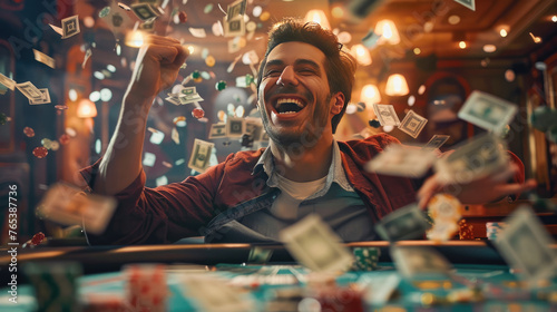 Celebrating Jackpot, Joyful Man Triumphs at Poker Table