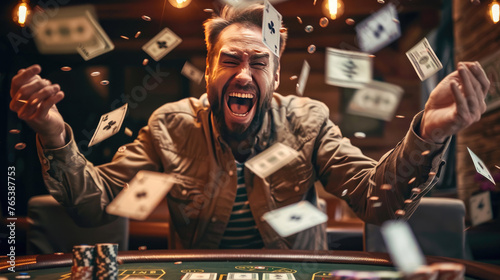 Celebrating Jackpot, Joyful Man Triumphs at Poker Table