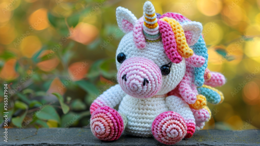 Handmade crochet unicorn in pink, white, and yellow sitting among fallen leaves in soft light