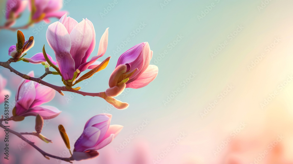 A radiant magnolia flower against a blurred pink and purple backdrop symbolizing springtime freshness