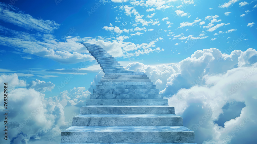 Stairway to Heaven: Ethereal Image of a Marble Staircase Ascending into the Radiant Blue Sky Among Fluffy White Clouds